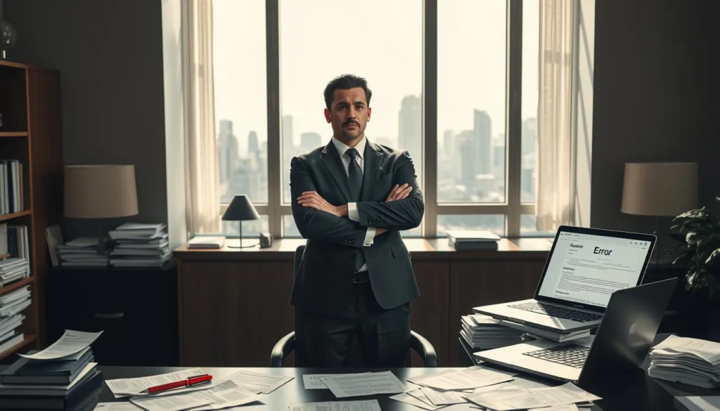A sophisticated office setting with a modern desk cluttered with paperwork symbolizing common career errors, such as a red pen, discarded resumes, and a laptop displaying error messages. In the foreground, an elegant, determined man in professional attire, visibly frustrated, stands with crossed arms, reflecting on his career path. The middle ground features an open window with natural light streaming in, casting soft shadows across the room, enhancing the mood of introspection and urgency. The background displays a city skyline through the window, signifying ambition and opportunities. The overall atmosphere is one of determination and awareness, underlined by a premium editorial style, with a focus on clarity and professionalism. A sophisticated office setting with a modern desk cluttered with paperwork symbolizing common career errors, such as a red pen, discarded resumes, and a laptop displaying error messages. In the foreground, an elegant, determined man in professional attire, visibly frustrated, stands with crossed arms, reflecting on his career path. The middle ground features an open window with natural light streaming in, casting soft shadows across the room, enhancing the mood of introspection and urgency. The background displays a city skyline through the window, signifying ambition and opportunities. The overall atmosphere is one of determination and awareness, underlined by a premium editorial style, with a focus on clarity and professionalism.