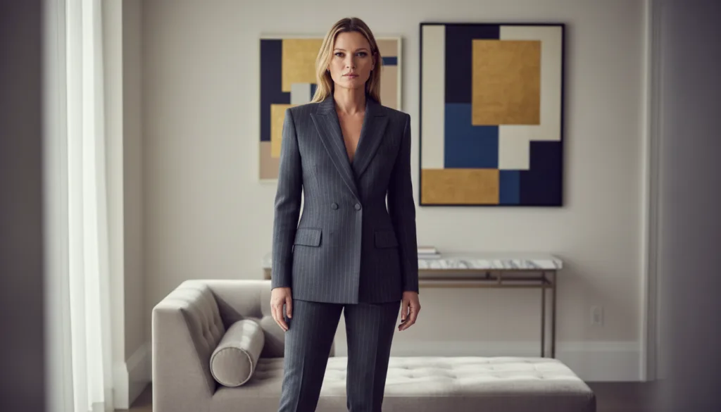 A stunning portrait of Kate Moss standing confidently in a stylish upscale setting, wearing an elegant tailored suit that embodies modern sophistication. In the foreground, her expression is poised and determined, reflecting a sense of nostalgia and innovation. The middle ground features sleek, minimalist decor that hints at luxury, with soft lighting enhancing the textures of the fabrics. The background includes abstract art that complements the theme of elegance and sophistication, invoking the spirits of Tom Ford and Halston. The image is captured using a shallow depth of field, creating a soft blur around the edges while keeping her sharply in focus. The overall mood is warm and inviting, intertwined with a sense of timeless style reminiscent of classic fashion editorials, all illuminated by natural light.