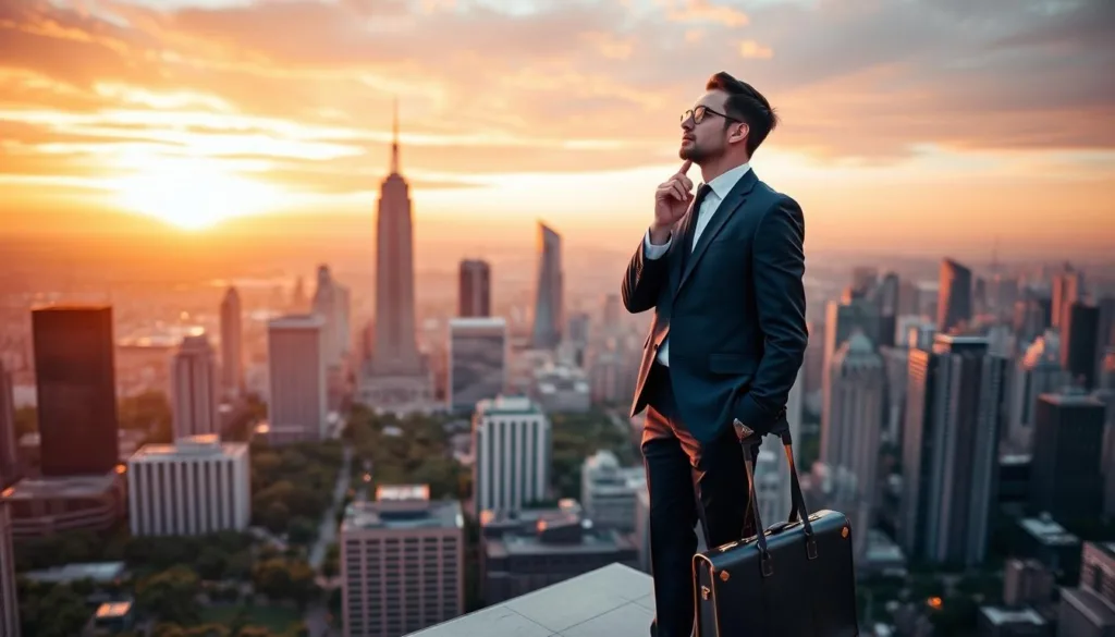 An elegant, determined man in a sharp navy suit stands confidently atop a high-rise building, overlooking a vibrant city skyline bathed in warm, natural light at sunset. He gazes upwards, symbolizing positive ambition, with one hand on his chin, deep in thought. In the foreground, a stylish briefcase rests at his feet, hinting at his professional pursuits. The middle ground features an expansive view of modern skyscrapers and lush greenery, reflecting growth and potential. The background reveals a stunning sunset sky filled with soft orange and pink hues, creating an uplifting atmosphere. The composition should evoke a sense of aspiration and possibility, captured with soft focus and a slight tilt-up angle to emphasize both the figure and the skyline. The overall mood is inspiring and optimistic, showcasing the essence of positive ambition without any distractions. An elegant, determined man in a sharp navy suit stands confidently atop a high-rise building, overlooking a vibrant city skyline bathed in warm, natural light at sunset. He gazes upwards, symbolizing positive ambition, with one hand on his chin, deep in thought. In the foreground, a stylish briefcase rests at his feet, hinting at his professional pursuits. The middle ground features an expansive view of modern skyscrapers and lush greenery, reflecting growth and potential. The background reveals a stunning sunset sky filled with soft orange and pink hues, creating an uplifting atmosphere. The composition should evoke a sense of aspiration and possibility, captured with soft focus and a slight tilt-up angle to emphasize both the figure and the skyline. The overall mood is inspiring and optimistic, showcasing the essence of positive ambition without any distractions.