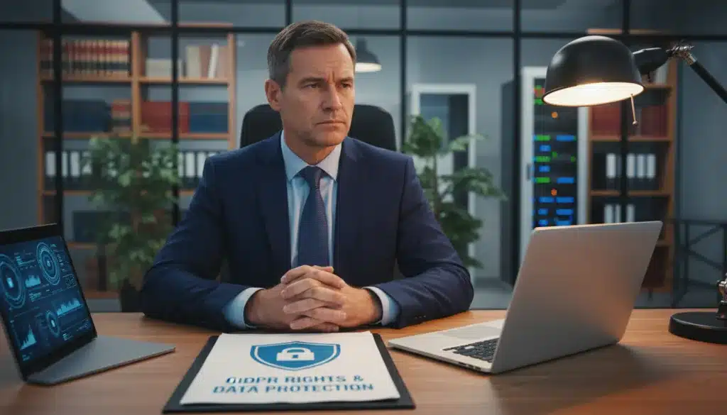 Diritti GDPR rappresentati da un documento con simboli di scudo e lucchetto, che simboleggiano la protezione dei dati personali