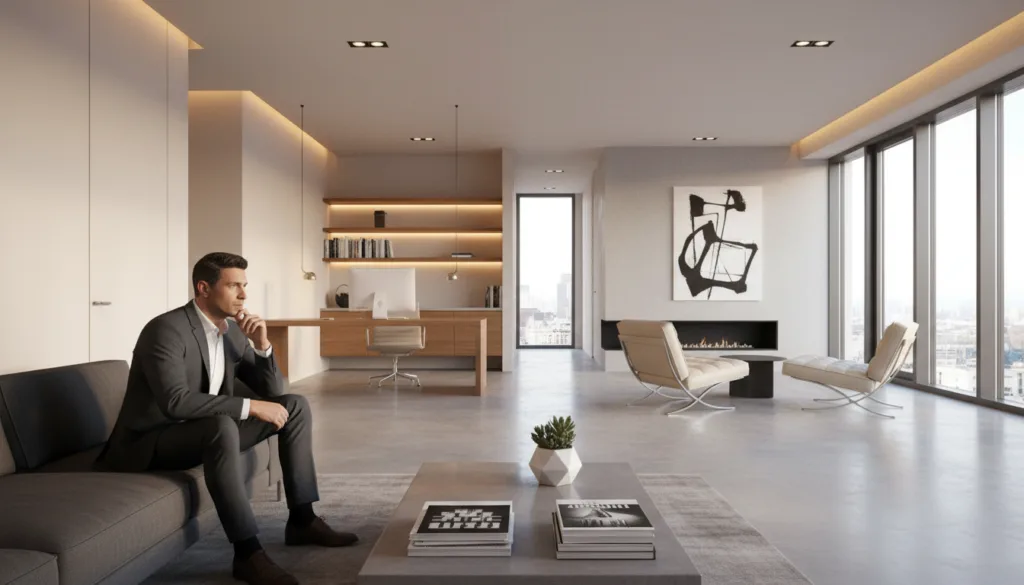 Zone funzionali in un interno minimal maschile Zone funzionali in un interno minimal maschile