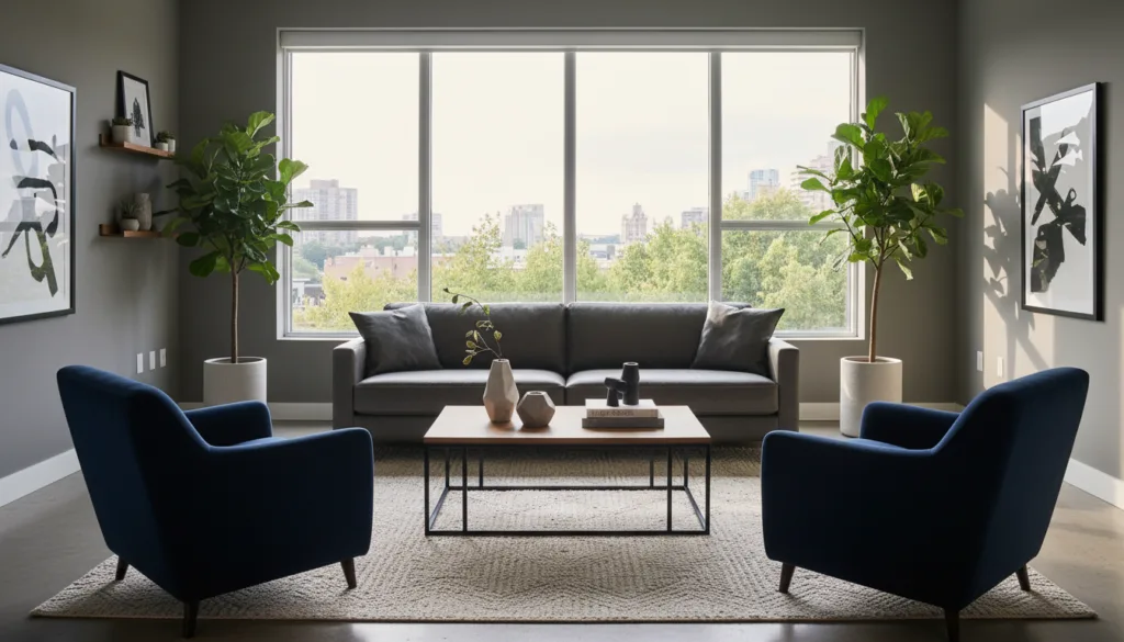 soggiorno maschile funzionale e ordinato con divano in pelle e arredi minimali