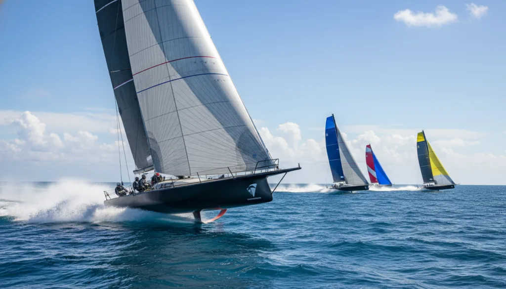 A breathtaking scene of an America's Cup yacht racing at high speed on the open sea, capturing the essence of competition and sustainability. In the foreground, show the sleek, modern yacht with billowing sails reflecting sunlight, cutting through vibrant turquoise waves, water splashing dramatically around it. In the middle ground, include other competing yachts, their colorful sails adding dynamism to the scene, showcasing intense rivalry. The background features a clear blue sky dotted with white clouds, hinting at wind currents that boost the race. The lighting is bright and vivid, enhancing the excitement of the moment, while the angle is slightly low to emphasize the power and elegance of the yachts. The overall mood is thrilling and inspiring, encapsulating the essence of modern sailing competition. A breathtaking scene of an America's Cup yacht racing at high speed on the open sea, capturing the essence of competition and sustainability. In the foreground, show the sleek, modern yacht with billowing sails reflecting sunlight, cutting through vibrant turquoise waves, water splashing dramatically around it. In the middle ground, include other competing yachts, their colorful sails adding dynamism to the scene, showcasing intense rivalry. The background features a clear blue sky dotted with white clouds, hinting at wind currents that boost the race. The lighting is bright and vivid, enhancing the excitement of the moment, while the angle is slightly low to emphasize the power and elegance of the yachts. The overall mood is thrilling and inspiring, encapsulating the essence of modern sailing competition.