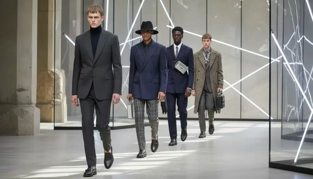 A captivating runway scene showcasing the Prada Uomo Autumn/Winter 2026 collection, focused on elegant and determined men dressed in refined business attire, walking confidently under natural light. In the foreground, a model dons a sleek, minimalist suit with modern tailoring, exuding sophistication. In the middle ground, several models showcase variations of the collection, each with unique accessories that reflect contemporary sartorial trends. The background features an avant-garde runway setup adorned with understated decor that blends past influences with future inspirations. The atmosphere is one of anticipation and innovation, captured with a soft, premium editorial style, emphasizing the interplay of light and shadow, shot with a subtle depth of field to create a striking visual narrative. A captivating runway scene showcasing the Prada Uomo Autumn/Winter 2026 collection, focused on elegant and determined men dressed in refined business attire, walking confidently under natural light. In the foreground, a model dons a sleek, minimalist suit with modern tailoring, exuding sophistication. In the middle ground, several models showcase variations of the collection, each with unique accessories that reflect contemporary sartorial trends. The background features an avant-garde runway setup adorned with understated decor that blends past influences with future inspirations. The atmosphere is one of anticipation and innovation, captured with a soft, premium editorial style, emphasizing the interplay of light and shadow, shot with a subtle depth of field to create a striking visual narrative.