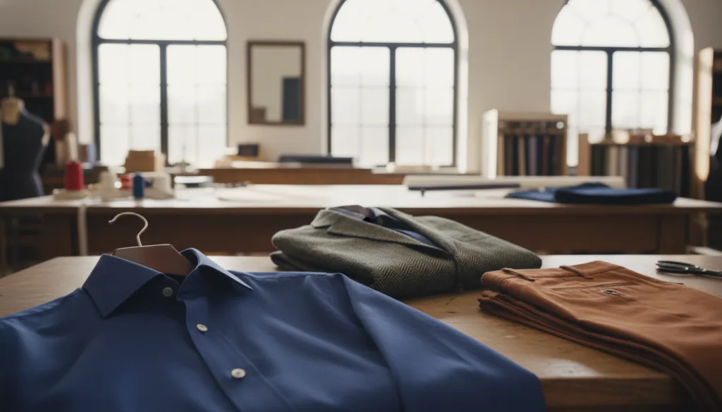A close-up composition showcasing a meticulously arranged selection of high-quality cotton garments in rich, vibrant colors, emphasizing texture and craftsmanship. In the foreground, highlight a beautifully tailored dress shirt with fine stitching and a classic collar, draped elegantly over a wooden hanger. The middle ground features a neatly folded cotton jacket with subtle patterns, while a stylish pair of cotton trousers is positioned beside it, illustrating versatility. The background softly blurs, suggesting a sophisticated tailor's workshop with soft natural light streaming through large windows, casting gentle shadows. The overall atmosphere evokes a sense of refinement and tradition, perfect for celebrating the enduring quality and style of artisanal craftsmanship in men's fashion.