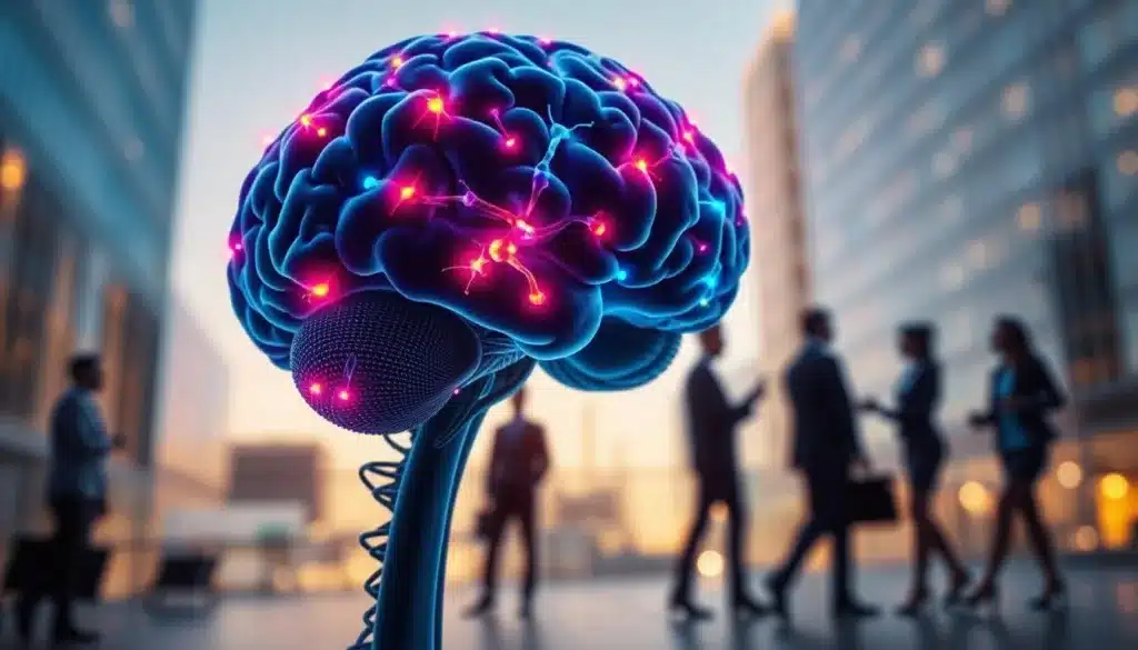 A close-up depiction of the striatum in the human brain highlighted with vibrant colors representing dopamine activity. In the foreground, a detailed anatomical illustration of the striatum showcases intricate neuron structures pulsating with bright dopamine signals, symbolizing motivation and social connections. In the middle ground, subtle overlays of human silhouettes in professional business attire engage in positive interactions, conveying a supportive social environment. The background features a softly blurred representation of an urban setting, bathed in warm, natural lighting to evoke a sense of aspiration and success. Capture this scene with a slightly tilted angle to add dynamism, employing a premium editorial style that emphasizes realism while maintaining an elegant and determined feel.