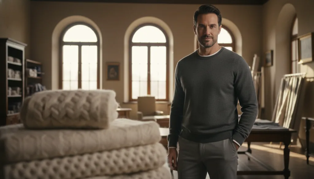 A close-up of luxurious cashmere fabric in a sophisticated setting, showcasing its soft texture and intricate knit patterns. In the foreground, delicate strands of cashmere are artistically draped and styled. The middle ground features an elegant, determined man dressed in a tailored, cashmere sweater, capturing the essence of Italian craftsmanship. He stands confidently with a soft smile, exuding professionalism in a polished yet relaxed posture. The background presents a warm, inviting room filled with natural light streaming through large windows, highlighting the rich hues of the cashmere. The overall mood is serene and luxurious, evoking a sense of timeless elegance and everyday luxury, all rendered in a premium editorial style with soft focus and soft lighting to enhance the texture of the fabric.
