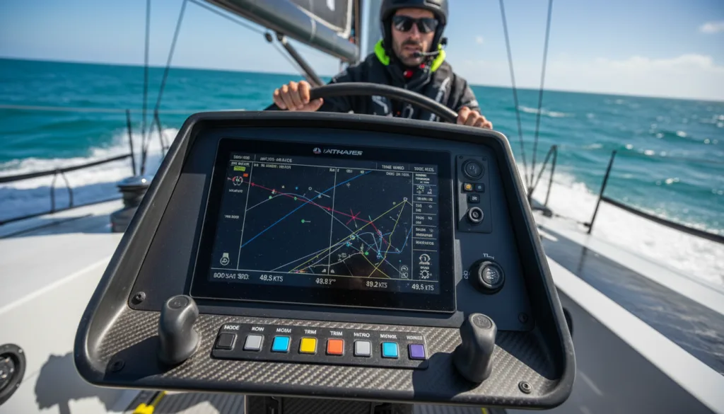 A close-up view of advanced sailing instruments and sensors aboard an America's Cup yacht racing at high speed on the open sea. In the foreground, focus on a sophisticated digital display showing live sailing data, surrounded by high-tech knobs and buttons. In the middle, capture a well-equipped helm, with a skilled sailor in professional sailing attire intently monitoring the instruments. The background features the sleek yacht cutting through vibrant blue waves under a clear sky, enhancing the feeling of speed and innovation. Use dramatic natural lighting to create highlights on the yacht's polished surface, while maintaining a dynamic angle that showcases both the technology and the exhilaration of competitive sailing.
