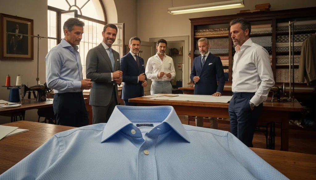 A collection of elegant men wearing tailored dress shirts, showcasing the refined craftsmanship of Barba Napoli. In the foreground, a close-up of a shirt with intricate stitching and fine Italian fabrics, highlighting the quality and detail. The middle layer features the men in various poses, exuding confidence and sophistication, all dressed in smart, modern business attire. They stand in a stylish, upscale setting, perhaps a classic Italian tailoring workshop, with vintage sewing machines and fabrics in the background. Soft, natural light filters through a window, creating a warm and inviting atmosphere. The overall mood conveys tradition, elegance, and the artistry of sartorial craftsmanship.