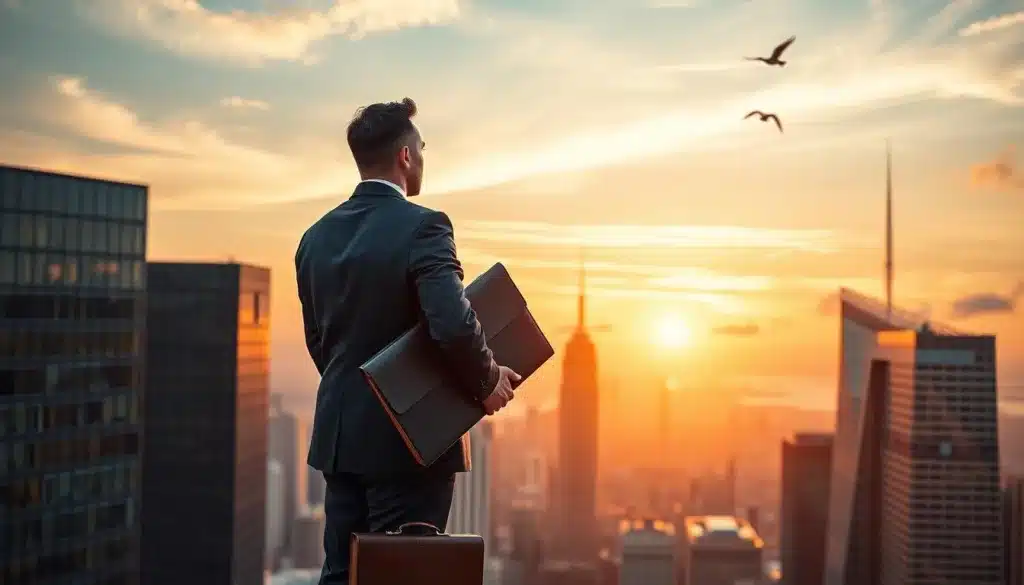 A confident and ambitious man in a tailored navy suit, standing atop a city skyscraper, gazing toward the horizon. In the foreground, he holds a briefcase tightly, symbolizing his professional journey. The middle ground features a panoramic view of a bustling cityscape with shimmering glass buildings and an orange sunset sky, casting warm natural light over the scene. In the background, soft clouds and birds can be seen soaring, representing freedom and aspirations. The mood is determined yet hopeful, embodying the balance of ambition without the culture of sacrifice. The image is styled with premium editorial elegance, showcasing sharp details and vibrant colors, captured from a slightly elevated angle for a dynamic perspective.