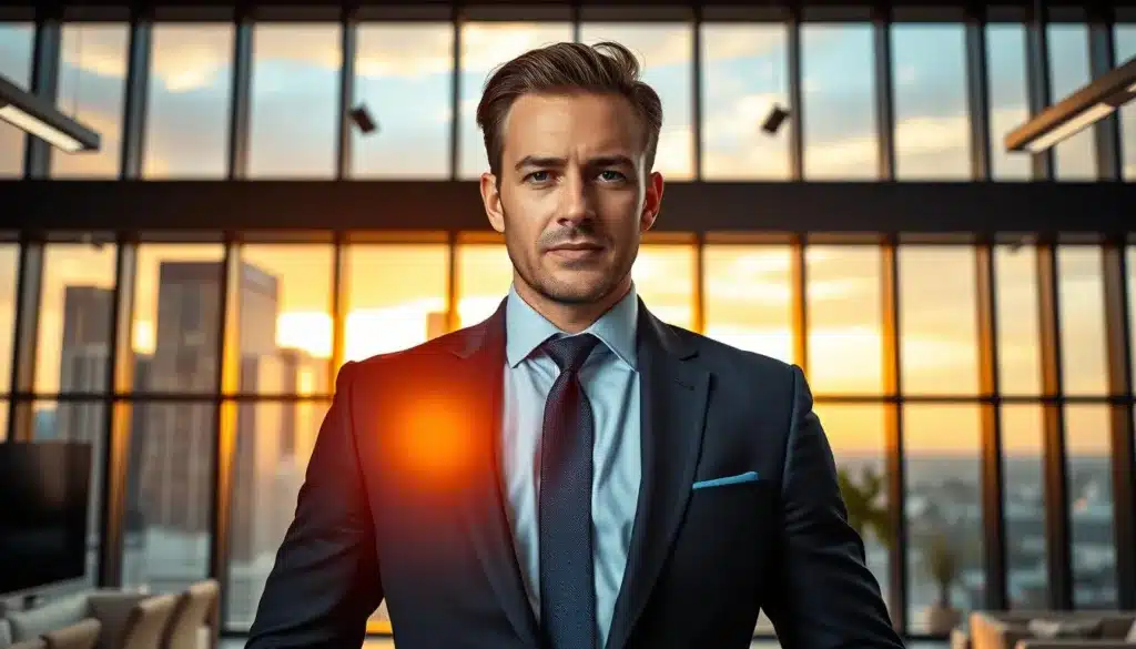 A confident and determined businessman stands at the forefront of a modern office space, embodying the essence of professional success. He is dressed in a tailored navy suit, exuding elegance and authority, with a subtle, contemplative expression on his face. In the background, large glass windows reveal a vibrant city skyline, bathed in warm, natural light as the sun begins to set, casting a golden glow across the scene. The office is stylishly furnished with contemporary decor, accentuating a sense of achievement and ambition. The overall atmosphere is one of inspiration and motivation, capturing the essence of defining professional success through one's values and reality. The composition is shot at eye level to convey intimacy and relatability, with a focus on the subject's poised demeanor and the energy of the surrounding environment.