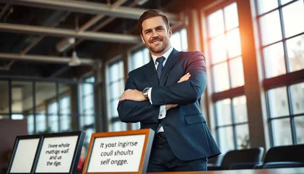A confident and determined man in a well-fitted navy suit stands in an office environment, portraying a strong sense of presence and security. He leans slightly against a large wooden desk, arms crossed, with a subtle smile that reflects self-assurance. The background features modern office decor with large windows allowing natural light to pour in, illuminating the space with a warm glow. In the foreground, a few motivational quotes are framed on the wall, enhancing the atmosphere of empowerment. The image is captured from a low angle to emphasize the man's stature and confidence, with a soft focus on the background to draw attention to his commanding presence. The overall mood is professional, encouraging, and uplifting, ideal for inspiring self-esteem in daily life, work, and relationships. A confident and determined man in a well-fitted navy suit stands in an office environment, portraying a strong sense of presence and security. He leans slightly against a large wooden desk, arms crossed, with a subtle smile that reflects self-assurance. The background features modern office decor with large windows allowing natural light to pour in, illuminating the space with a warm glow. In the foreground, a few motivational quotes are framed on the wall, enhancing the atmosphere of empowerment. The image is captured from a low angle to emphasize the man's stature and confidence, with a soft focus on the background to draw attention to his commanding presence. The overall mood is professional, encouraging, and uplifting, ideal for inspiring self-esteem in daily life, work, and relationships.
