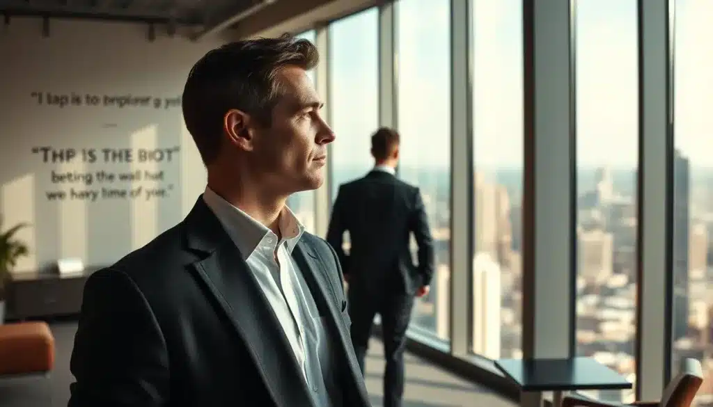 A confident man in a tailored suit stands in the foreground of a modern, elegant office space, gazing out a large window that offers a panoramic view of a bustling city skyline. The middle ground features contemporary furniture and inspirational quotes subtly displayed on the walls, conveying a sense of professionalism and self-assurance. In the background, soft natural light streams in, creating a warm and inviting atmosphere that suggests a productive environment. The photograph is shot from a slightly low angle, emphasizing the man's stature and presence. The mood is one of determination and empowerment, reflecting themes of male self-esteem in today's world. The overall composition is in a premium editorial style, capturing the essence of confidence and ambition without any text or distractions. A confident man in a tailored suit stands in the foreground of a modern, elegant office space, gazing out a large window that offers a panoramic view of a bustling city skyline. The middle ground features contemporary furniture and inspirational quotes subtly displayed on the walls, conveying a sense of professionalism and self-assurance. In the background, soft natural light streams in, creating a warm and inviting atmosphere that suggests a productive environment. The photograph is shot from a slightly low angle, emphasizing the man's stature and presence. The mood is one of determination and empowerment, reflecting themes of male self-esteem in today's world. The overall composition is in a premium editorial style, capturing the essence of confidence and ambition without any text or distractions.