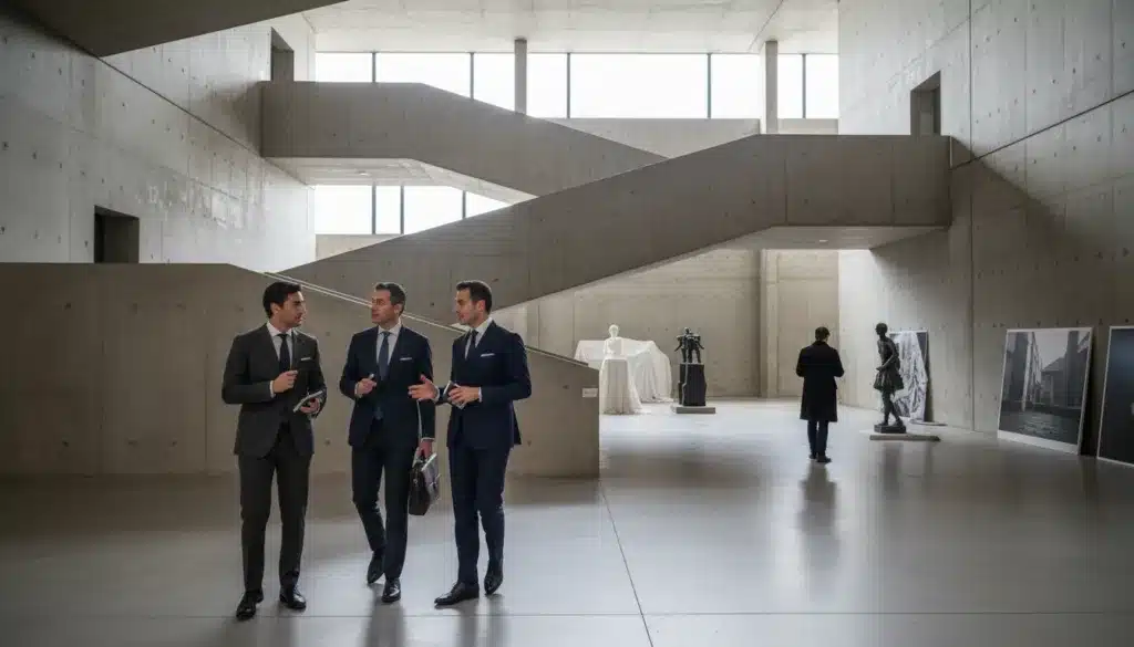 A contemporary architectural view of the Deposito at Fondazione Prada, showcasing its industrial elegance with a focus on minimalist design elements. In the foreground, incorporate elegant, determined men dressed in professional business attire, engaged in thoughtful conversation as they explore the space. The middle ground features the striking concrete textures and geometric shapes of the building’s interior, illuminated by soft, natural light filtering through large windows. In the background, a sense of discovery is conveyed with hidden art installations and thoughtful details waiting to be revealed. The atmosphere is serene yet intellectually stimulating, reflecting a premium editorial style with a balanced composition. Use a wide-angle lens to capture the expansive feeling of the space, ensuring a clean, sophisticated aesthetic. A contemporary architectural view of the Deposito at Fondazione Prada, showcasing its industrial elegance with a focus on minimalist design elements. In the foreground, incorporate elegant, determined men dressed in professional business attire, engaged in thoughtful conversation as they explore the space. The middle ground features the striking concrete textures and geometric shapes of the building’s interior, illuminated by soft, natural light filtering through large windows. In the background, a sense of discovery is conveyed with hidden art installations and thoughtful details waiting to be revealed. The atmosphere is serene yet intellectually stimulating, reflecting a premium editorial style with a balanced composition. Use a wide-angle lens to capture the expansive feeling of the space, ensuring a clean, sophisticated aesthetic.