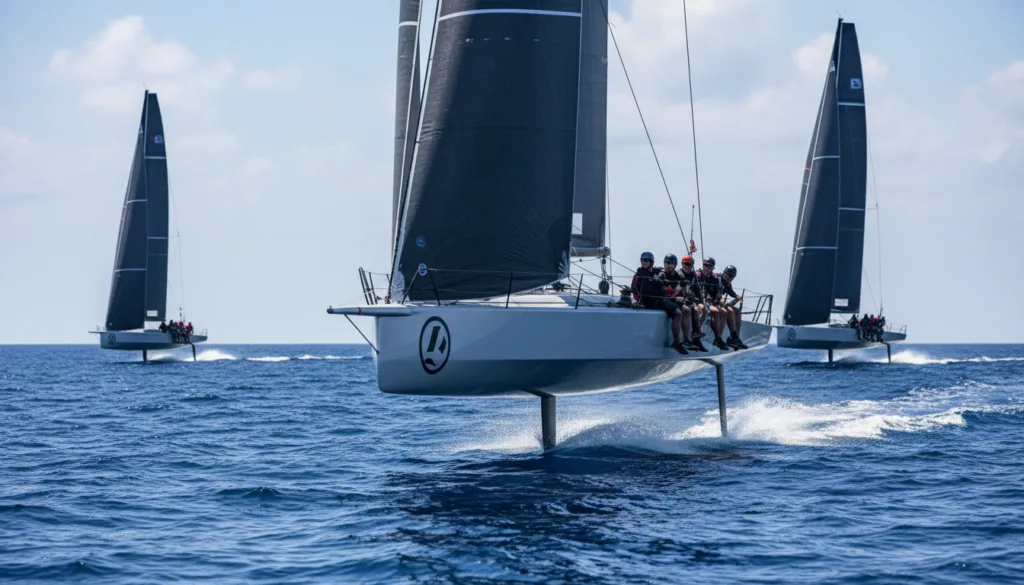 A cutting-edge America's Cup yacht gliding at high speed over the vibrant blue waves of the open sea. In the foreground, the sleek hull of the yacht showcases advanced hydrofoil technology, with foils lifting it above the water for maximum speed and efficiency. The sails, made of high-performance carbon fiber, are fully extended, catching the wind as the vessel races forward. The middle ground features a team of focused sailors dressed in professional attire, expertly handling the rigging with determination on their faces. In the background, a sunny sky offers a sense of exhilaration, with occasional fluffy clouds and distant vessels competing in the prestigious race. The scene is captured from a dynamic low angle, emphasizing the yacht’s speed, with natural lighting highlighting the sleek lines and innovative technology. The overall atmosphere conveys excitement, innovation, and the thrill of high-stakes sailing.
