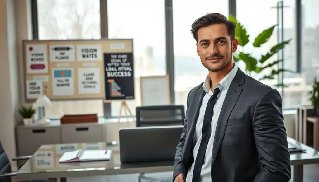 A determined and ambitious professional man stands confidently in an elegant office space, surrounded by symbols of success such as a vision board showcasing goals and milestones. In the foreground, focus on his expression, filled with purpose and clarity, dressed in polished business attire. The middle layer features a sleek desk with a laptop open to a digital planner and notes. In the background, large windows allow natural light to stream in, illuminating motivational quotes and a lush indoor plant that adds a sense of growth and vitality. The atmosphere is inspiring and empowering, capturing the essence of professional ambition and the pursuit of clear, actionable goals. The overall composition exudes a premium editorial style, reflecting both determination and balance.