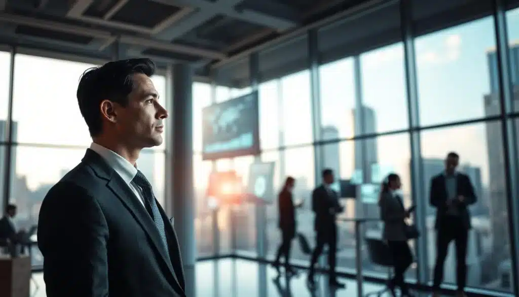 A determined business professional in an elegant suit stands confidently in a modern office, surrounded by large glass windows that flood the space with natural light. In the foreground, the individual is engaged in deep thought, gazing out at a bustling cityscape that represents opportunity and potential. The middle ground features dynamic elements like charts and graphs displayed on digital screens, symbolizing growth and strategy. In the background, soft-focus silhouettes of other professionals collaborating and brainstorming illustrate teamwork and innovation. The overall mood conveys ambition and the entrepreneurial mindset, with a premium editorial style emphasizing clarity and purpose. The composition captures a balanced blend of professionalism and aspiration. A determined business professional in an elegant suit stands confidently in a modern office, surrounded by large glass windows that flood the space with natural light. In the foreground, the individual is engaged in deep thought, gazing out at a bustling cityscape that represents opportunity and potential. The middle ground features dynamic elements like charts and graphs displayed on digital screens, symbolizing growth and strategy. In the background, soft-focus silhouettes of other professionals collaborating and brainstorming illustrate teamwork and innovation. The overall mood conveys ambition and the entrepreneurial mindset, with a premium editorial style emphasizing clarity and purpose. The composition captures a balanced blend of professionalism and aspiration.