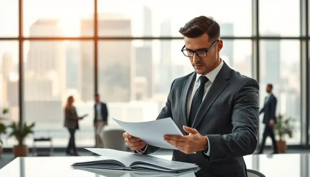 A determined businessman in elegant attire stands confidently in a modern office, exuding a strong "entrepreneurial mindset." In the foreground, he reviews strategic documents placed on a sleek, minimalist desk, embodying focus and clarity. The middle ground features a large window showcasing a vibrant cityscape bathed in natural light, symbolizing opportunity and ambition. Behind him, subtle hints of teamwork are illustrated by blurred figures collaborating in the background, suggesting a dynamic business environment. Capture the atmosphere of determination and professionalism, using premium editorial style with soft, warm lighting emphasizing commitment and purpose. The scene reflects the essential pillars guiding entrepreneurial decisions, time management, and priorities. A determined businessman in elegant attire stands confidently in a modern office, exuding a strong "entrepreneurial mindset." In the foreground, he reviews strategic documents placed on a sleek, minimalist desk, embodying focus and clarity. The middle ground features a large window showcasing a vibrant cityscape bathed in natural light, symbolizing opportunity and ambition. Behind him, subtle hints of teamwork are illustrated by blurred figures collaborating in the background, suggesting a dynamic business environment. Capture the atmosphere of determination and professionalism, using premium editorial style with soft, warm lighting emphasizing commitment and purpose. The scene reflects the essential pillars guiding entrepreneurial decisions, time management, and priorities.