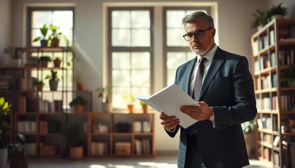 A determined, elegantly dressed business professional stands confidently in the foreground, engaged in a meaningful discussion while holding a notepad filled with actionable plans. The middle ground features a large window allowing vibrant natural light to illuminate the scene, casting soft shadows and creating an inviting atmosphere. In the background, shelves filled with books and plants symbolize knowledge and growth, reinforcing a commitment to solid values. The mood is inspiring and focused, emphasizing the transformation of values into daily actions. The image should be shot from a slightly low angle, capturing the subject's stature and determination, with a soft bokeh effect that blurs the background while highlighting the subject's professionalism.
