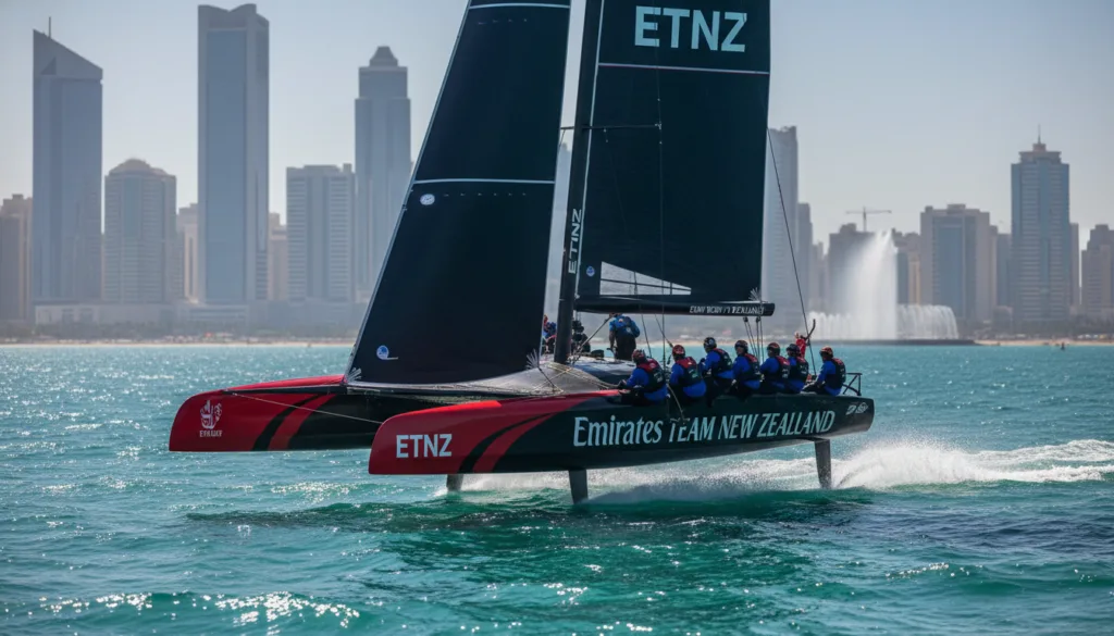 A dynamic scene capturing Emirates Team New Zealand racing an America's Cup yacht at high speed on the azure waters off the coast of Jeddah. In the foreground, the sleek catamaran is cutting through the waves, its vibrant black and red sails billowing in the wind. The crew, dressed in professional sailing attire, exhibits focused determination as they work together seamlessly. In the middle ground, the shimmering sea reflects the sunlight, creating a vivid contrast with the yacht. The background features the stunning Jeddah skyline, with modern architecture and the iconic King Fahd's Fountain under a clear blue sky, enhancing the sense of location. The atmosphere is filled with excitement and energy, embodying the intensity of maritime competition. The lighting is bright and natural, showcasing the beautiful day perfect for yacht racing. Capture this exhilarating moment from a slightly elevated angle for a sweeping view. A dynamic scene capturing Emirates Team New Zealand racing an America's Cup yacht at high speed on the azure waters off the coast of Jeddah. In the foreground, the sleek catamaran is cutting through the waves, its vibrant black and red sails billowing in the wind. The crew, dressed in professional sailing attire, exhibits focused determination as they work together seamlessly. In the middle ground, the shimmering sea reflects the sunlight, creating a vivid contrast with the yacht. The background features the stunning Jeddah skyline, with modern architecture and the iconic King Fahd's Fountain under a clear blue sky, enhancing the sense of location. The atmosphere is filled with excitement and energy, embodying the intensity of maritime competition. The lighting is bright and natural, showcasing the beautiful day perfect for yacht racing. Capture this exhilarating moment from a slightly elevated angle for a sweeping view.