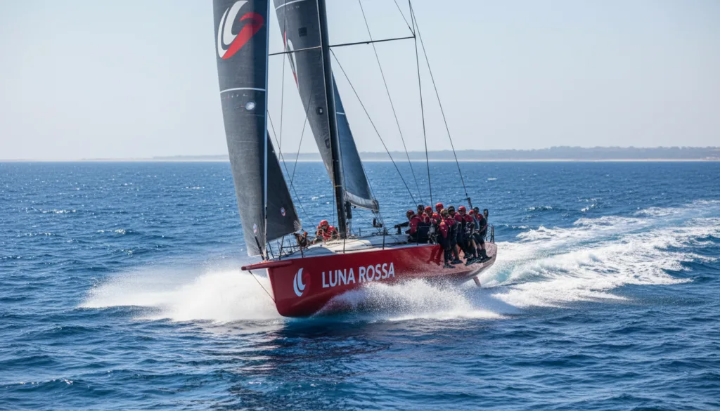 A dynamic scene capturing the Luna Rossa yacht racing at high speed across the vibrant blue waters of the open sea. In the foreground, the sleek, red-hulled yacht is depicted slicing through the waves, its sails fully inflated and billowing in the wind, showcasing the iconic Luna Rossa logo prominently. The crew, clad in professional sailing attire, is intensely focused on navigating the vessel. In the middle ground, a series of white-capped waves reflect the bright sunlight, adding a sense of motion and excitement. In the background, the distant coastline fades into a hazy horizon, with a bright, clear sky overhead. The lighting is crisp and vibrant, emphasizing the thrill of the race, while a slight tilt angle captures the action-packed atmosphere of competitive sailing.