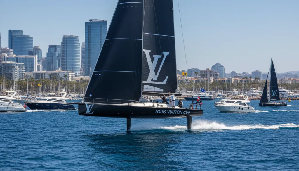 A dynamic scene capturing the excitement of the Louis Vuitton Cup, featuring a sleek America's Cup yacht racing at high speed across vibrant blue waters. In the foreground, the yacht's streamlined hull cuts through the waves, with sails fully billowed, showcasing the powerful motion and energy of the race. The middle ground includes several smaller spectator boats trailing behind, their participants eager and engaged, dressed in casual nautical attire. In the background, a picturesque coastal city with modern architecture is visible, symbolizing the ports that host this prestigious event. The atmosphere is lively and invigorating, with sunlight glinting off the water and a clear sky, evoking a sense of adventure and competition, captured with a wide-angle lens for dramatic effect.