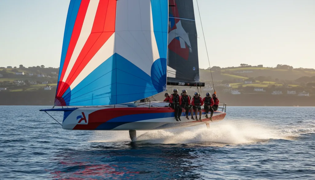 A dynamic scene of an America’s Cup yacht racing at high speed, cutting through vibrant blue waves under a clear, sunny sky. In the foreground, the sleek, modern sailboat with its large, colorful sails billowing in the wind captures the essence of speed and agility. The crew, dressed in professional sailing attire, works seamlessly together, embodying teamwork and focus. In the middle ground, splashes of water fly into the air, highlighting the yacht's power and motion. The background features distant hills under a warm sun, enhancing the sense of adventure. The image should have bright, vivid colors with sharp contrasts to evoke excitement and the spirit of sailing, captured from a low angle, emphasizing the yacht’s impressive stature. A dynamic scene of an America’s Cup yacht racing at high speed, cutting through vibrant blue waves under a clear, sunny sky. In the foreground, the sleek, modern sailboat with its large, colorful sails billowing in the wind captures the essence of speed and agility. The crew, dressed in professional sailing attire, works seamlessly together, embodying teamwork and focus. In the middle ground, splashes of water fly into the air, highlighting the yacht's power and motion. The background features distant hills under a warm sun, enhancing the sense of adventure. The image should have bright, vivid colors with sharp contrasts to evoke excitement and the spirit of sailing, captured from a low angle, emphasizing the yacht’s impressive stature.