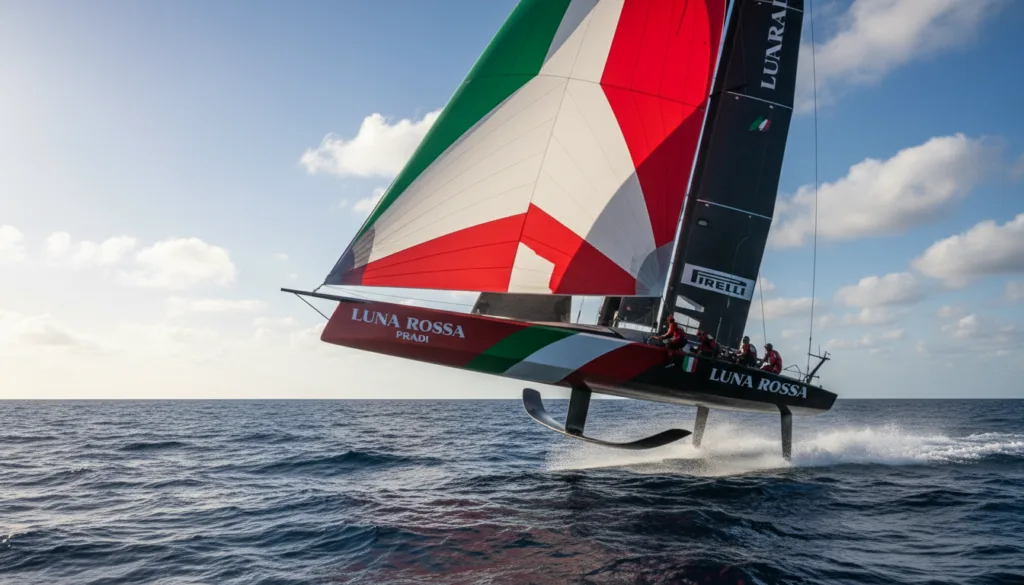 A dynamic scene of an America's Cup yacht taking off on the open sea, captured from a low angle to emphasize the sleek design and technology of the vessel. The yacht, featuring a modern, aerodynamic hull and colorful sails, is shown in a moment of lift-off, gliding just above the water surface, with foils slicing through the waves. The background features expansive blue skies and rolling ocean waves, creating a sense of motion and energy. Sunlight reflects off the water, illuminating the sails and highlighting the yacht's details. The mood is exhilarating and inspiring, showcasing the cutting-edge Italian design and engineering as it interacts with nature’s elements, emphasizing the skill required for optimal sailing techniques in minimal wind conditions.
