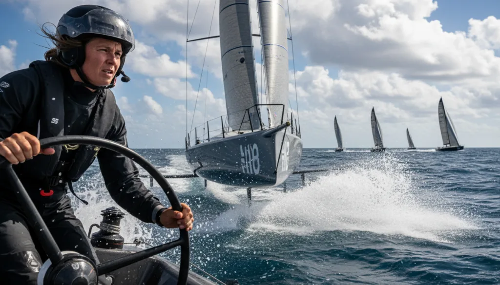 A focused skipper aboard an America's Cup yacht, expertly navigating at high speed on the open sea. In the foreground, the skipper is dressed in professional sailing attire, showing intense concentration, with determination in their eyes as they grip the wheel. The middle ground features the sleek, cutting-edge yacht cutting through crashing waves, spray glistening in the sunlight. The background captures a vibrant blue sky, dotted with fluffy white clouds, and distant sailboats competing in a thrilling race. The scene is illuminated by bright sunlight, creating dynamic shadows and highlights, evoking a sense of urgency and focus. The overall atmosphere conveys the intensity and mental discipline required in high-stakes sailing competitions.