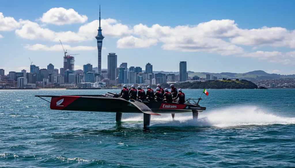 A high-resolution image capturing the Emirates Team New Zealand yacht racing at high speed on the open sea near Auckland. In the foreground, the sleek, modern yacht is cutting through the vibrant blue waters, spray flying off the bow. The crew, dressed in professional sailing attire, is concentrated on their tasks, embodying teamwork and precision. In the middle ground, you can see the Auckland skyline, with its iconic Sky Tower, while the background features distant green hills under a bright blue sky dotted with clouds. The lighting is bright and uplifting, reflecting a sunny, energetic day, with an emphasis on clarity and action, evoking a sense of excitement and determination. A high-resolution image capturing the Emirates Team New Zealand yacht racing at high speed on the open sea near Auckland. In the foreground, the sleek, modern yacht is cutting through the vibrant blue waters, spray flying off the bow. The crew, dressed in professional sailing attire, is concentrated on their tasks, embodying teamwork and precision. In the middle ground, you can see the Auckland skyline, with its iconic Sky Tower, while the background features distant green hills under a bright blue sky dotted with clouds. The lighting is bright and uplifting, reflecting a sunny, energetic day, with an emphasis on clarity and action, evoking a sense of excitement and determination.