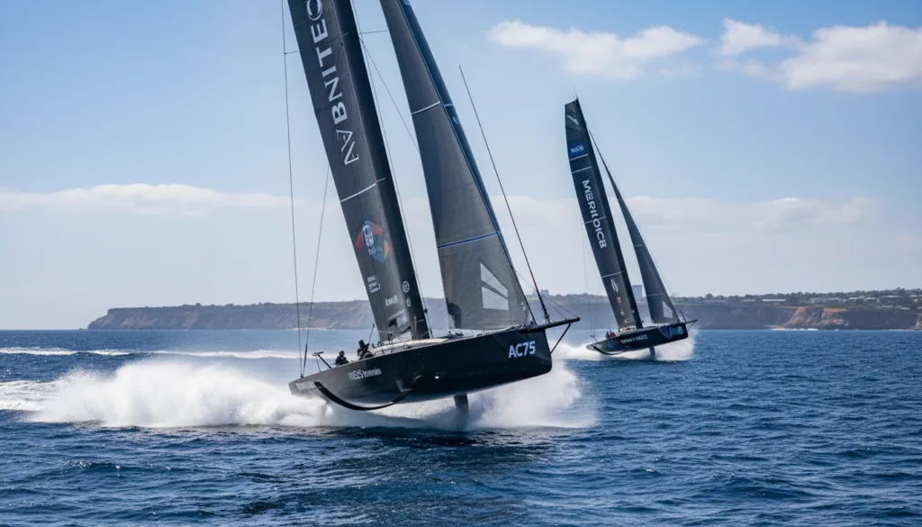 A high-speed America's Cup yacht cutting through the vibrant blue waters of the open sea, showcasing its sleek design and powerful sails fully deployed. In the foreground, the yacht leans dramatically, water splashing around it as it races against another vessel in the background. Capture the motion and energy of the race, with a focus on the intricate details of the yacht's hull and rigging. The lighting is bright and sunny, casting reflections on the waves, evoking a sense of excitement and competition. The sky is clear with a few fluffy clouds, enhancing the lively atmosphere of this prestigious sailing event. The frame is wide to capture the expansive sea and the distant coastline, portraying the scale and grandeur of the America's Cup race.