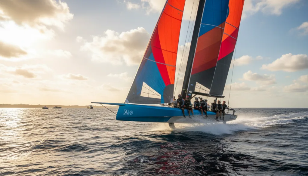 A high-speed America's Cup yacht racing across the open sea, captured from a dynamic angle that highlights its sleek design and vibrant sails. In the foreground, the yacht is cutting through the waves, spray kicking up around its hull, conveying motion and excitement. The middle ground features a collaborative team of sailors, dressed in professional sailing gear, working in harmony to navigate the race, showcasing a modern approach to teamwork and governance. In the background, a dramatic sky with scattered clouds and warm sunlight piercing through adds a sense of intensity and anticipation to the atmosphere. The composition should evoke the spirit of competition, innovation, and the intricate dynamics of yacht racing. Use natural lighting to emphasize the colors of the yacht and the surrounding seascape.