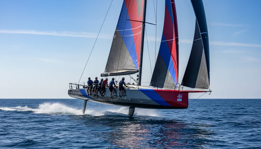 A high-speed America's Cup yacht slicing through the deep blue ocean waters, captured from a low angle to emphasize its sleek design and dynamic motion. In the foreground, the yacht's vibrant sails billow in the wind, reflecting sunlight and creating dramatic shadows across the deck. The middle ground features a skilled crew in professional sailing attire, focused and concentrated as they maneuver the vessel with precision. The background showcases a vast, undulating sea under a clear blue sky, with a few wispy clouds, conveying a sense of openness and freedom. The scene is illuminated with bright, natural daylight to enhance the vivid colors, evoking a mood of excitement and professional dedication in the pursuit of racing excellence.