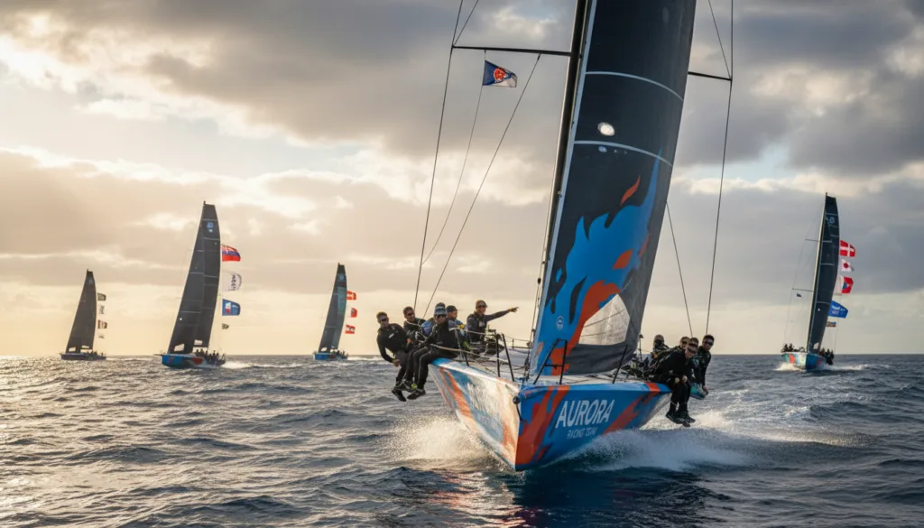 A highly detailed image depicting a competitive yacht club scene, featuring a sleek America's Cup yacht racing at high speed on the open sea. In the foreground, the yacht's sails are fully extended, showcasing vibrant team colors, while a diverse crew in professional sailing attire is engaged in maneuvers, concentrating on the race. In the middle ground, other yachts from different clubs are also racing, creating a sense of competition. The background captures a dramatic sky with scattered clouds and sunlight piercing through, reflecting on the water surface, enhancing the sense of speed and excitement. The overall mood is dynamic and exhilarating, embodying the spirit of teamwork and rivalry in yacht racing.