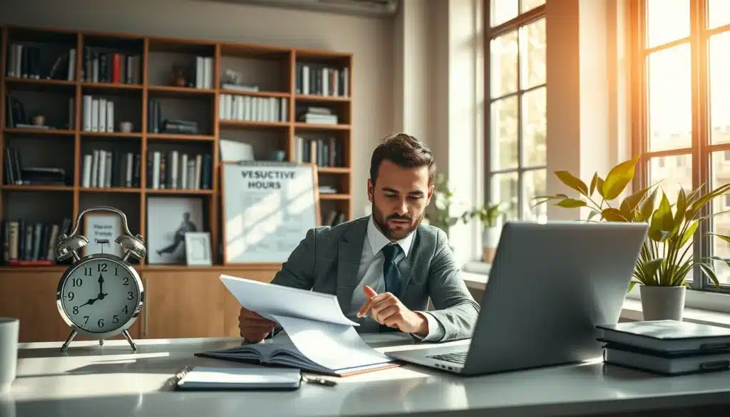A modern office setting featuring an elegant man in professional attire, sitting at a sleek desk with an organized planner and laptop open. He is engaged in focused work, surrounded by motivational items like a clock displaying productivity hours and a vision board with goals. Natural light streams through large windows, illuminating the scene with a warm, productive atmosphere. In the background, bookshelves filled with business literature and a potted plant add a touch of nature. The overall mood conveys determination and focus, highlighting effective daily routines and habits for professional success. The composition captures a dynamic yet serene workspace, ideal for fostering productivity and prioritization.