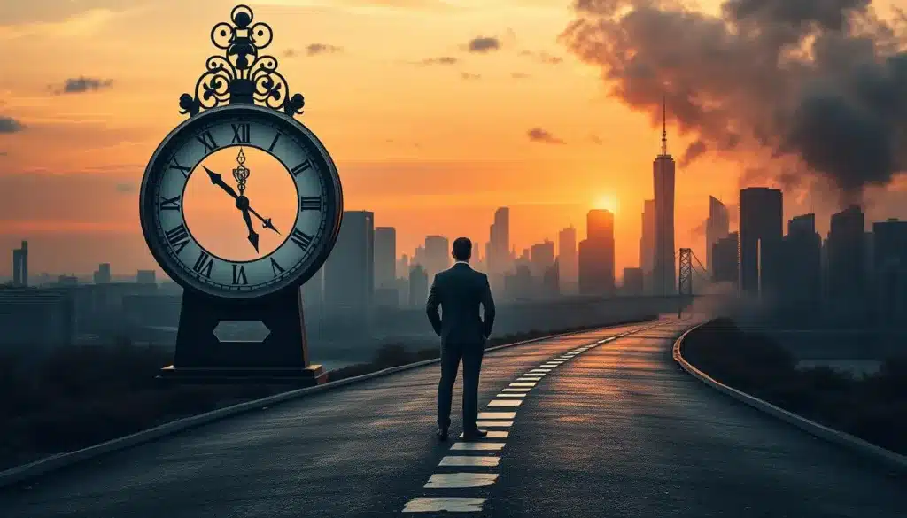 A powerful scene depicting "sacrificio del tempo," illustrating a determined businessman in professional attire standing at a crossroads. In the foreground, the man gazes thoughtfully at a large, intricate clock, symbolizing time and sacrifice. The middle ground features a metaphorical path diverging into two: one side represents immediate pleasures, filled with vibrant colors and distractions, while the other illustrates a shadowy yet hopeful future filled with abstract representations of success, such as skyscrapers and achievements. The background captures a city skyline bathed in natural light during sunset, casting warm hues across the scene. The overall mood is reflective but resolute, conveying the weight of choices made in pursuit of greater goals. High-quality editorial style with a focus on realism and emotional depth. A powerful scene depicting "sacrificio del tempo," illustrating a determined businessman in professional attire standing at a crossroads. In the foreground, the man gazes thoughtfully at a large, intricate clock, symbolizing time and sacrifice. The middle ground features a metaphorical path diverging into two: one side represents immediate pleasures, filled with vibrant colors and distractions, while the other illustrates a shadowy yet hopeful future filled with abstract representations of success, such as skyscrapers and achievements. The background captures a city skyline bathed in natural light during sunset, casting warm hues across the scene. The overall mood is reflective but resolute, conveying the weight of choices made in pursuit of greater goals. High-quality editorial style with a focus on realism and emotional depth.