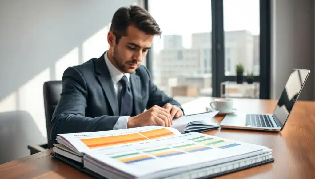 A professional business setting featuring an elegant, determined man in a tailored suit, sitting at a modern wooden desk. He is focused on a planner, color-coded time blocks visible on the pages, representing effective time blocking techniques. In the foreground, a close-up of the planner shows neatly organized schedules and priorities. The middle ground showcases the man in deep concentration, with a sleek laptop and a cup of coffee beside him. In the background, a large window allows natural light to flood the room, casting soft shadows and creating a warm atmosphere. The composition is shot from a slight angle, highlighting the man's serious demeanor and commitment to productivity, evoking a sense of determination and clarity in managing time.