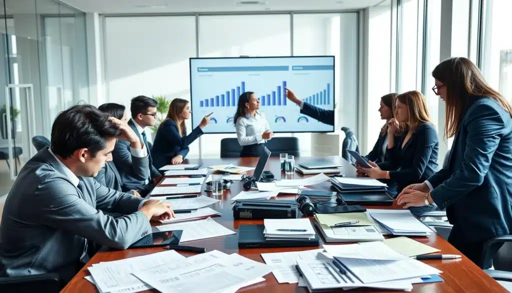 A professional office scene depicting a group of elegant and determined men and women, each in business attire, engaged in animated discussion around a large conference table cluttered with documents and digital devices. The foreground features a frustrated man running his hands through his hair, symbolizing stress and overwhelm. In the middle, a woman points at a screen displaying charts, visually representing common work errors that obstruct productivity. The background showcases a bright, airy office space with large windows, natural light streaming in, casting soft shadows. The overall mood conveys tension and the struggle to manage priorities, yet underlined by an air of professionalism and focus. High-quality, realistic representation, shot from a slightly elevated angle to capture the dynamics of the space.