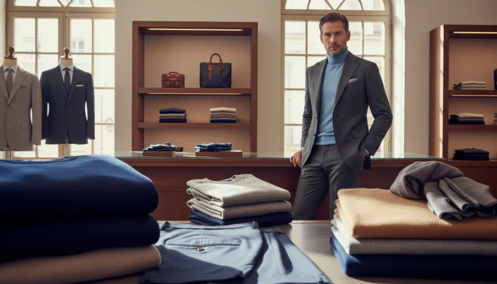 A realistic image showcasing a luxurious collection of men's garments made from high-quality materials like virgin wool, cashmere, cotton, and silk. In the foreground, display elegantly folded garments, emphasizing their soft textures and rich colors—deep navy, soft grey, and warm taupe. The middle ground features a well-dressed man in a tailored business outfit made from these materials, exuding confidence and sophistication, standing lightly against a backdrop of a sunlit, tastefully decorated boutique with wooden shelves and soft, neutral tones. Natural light creates a warm, inviting atmosphere, highlighting the detailed stitching and luxurious feel of the fabrics. Capture the essence of quiet luxury and minimalist style, focusing on the harmony between comfort and elegance.