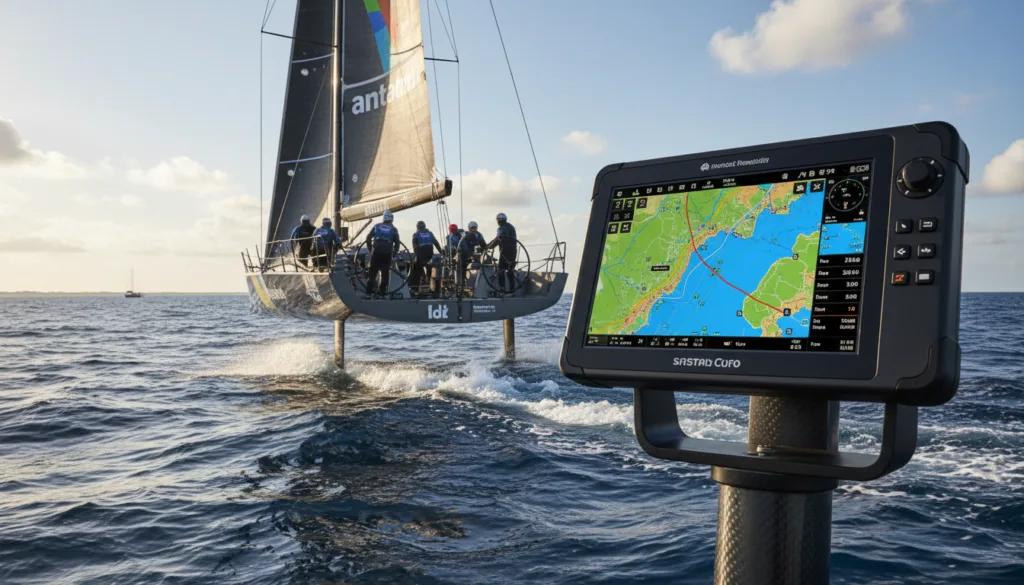 A realistic photo of a modern America's Cup yacht racing at high speed on the open sea, with a sleek and advanced chartplotter displayed prominently in the foreground. The chartplotter features a vibrant touchscreen interface displaying navigational data and maps, capturing the essence of modern sailing technology. In the middle ground, the yacht’s crew, dressed in professional sailing attire, concentrate on adjusting the sails and managing the helm, showcasing teamwork and precision. The background reveals a stunning blue ocean with spray from the bow cutting through waves, and a clear sky with a few fluffy clouds, conveying a sense of adventure and innovation. The sunlight glints off the water, creating a dynamic atmosphere of excitement and speed.