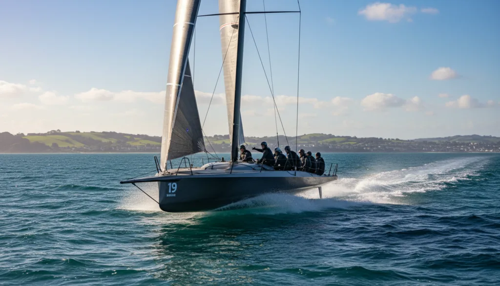 A realistic photograph of an America's Cup yacht racing at high speed on the open sea, cutting through vibrant blue waves and splashing water droplets. In the foreground, the sleek yacht is positioned at a dynamic angle, showcasing its aerodynamic sail fully extended, capturing the wind. The sailors, dressed in professional sailing gear, are focused on the helm, expertly navigating the vessel. In the middle ground, the yacht leaves a frothy wake trailing behind, emphasizing its speed. The background features a clear sky with wispy clouds, and distant hills or shoreline provide context. The lighting is bright and natural, suggesting midday sun, creating a sense of excitement and tension in the scene, embodying the essence of tactical sailing and speed transformation. A realistic photograph of an America's Cup yacht racing at high speed on the open sea, cutting through vibrant blue waves and splashing water droplets. In the foreground, the sleek yacht is positioned at a dynamic angle, showcasing its aerodynamic sail fully extended, capturing the wind. The sailors, dressed in professional sailing gear, are focused on the helm, expertly navigating the vessel. In the middle ground, the yacht leaves a frothy wake trailing behind, emphasizing its speed. The background features a clear sky with wispy clouds, and distant hills or shoreline provide context. The lighting is bright and natural, suggesting midday sun, creating a sense of excitement and tension in the scene, embodying the essence of tactical sailing and speed transformation.
