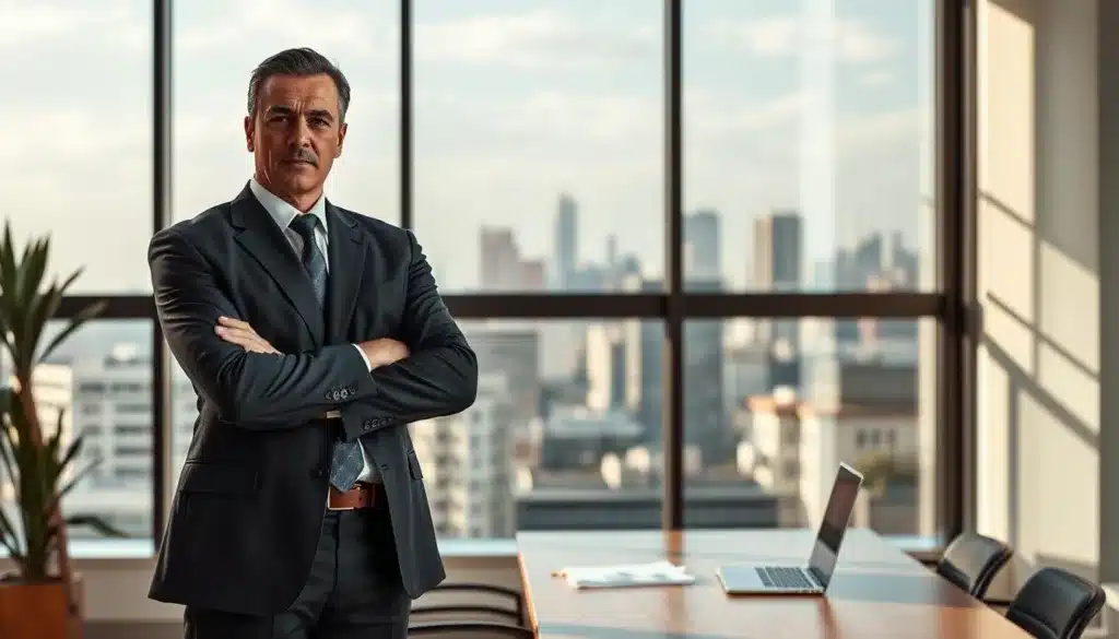 A scene depicting the concept of "coerenza" in a professional setting. In the foreground, an elegant and determined man in a tailored suit stands confidently with arms crossed, exuding a sense of discipline and stability. The middle layer features a modern office environment, with a large window allowing soft, natural light to flood the space, creating a warm and inviting atmosphere. On a sleek desk, a few important documents and a laptop indicate focus and commitment. The background showcases a city skyline, symbolizing ambition and the pursuit of success. The overall mood is one of determination and clarity, with a premium editorial style, capturing the essence of living according to solid values.