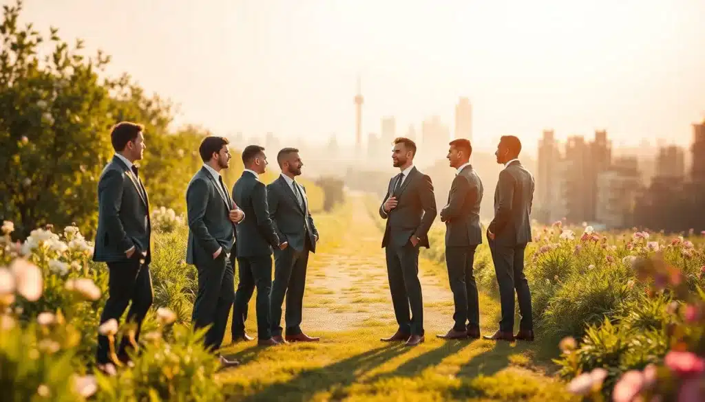 A serene and inspiring scene depicting the concept of "vita." In the foreground, a group of elegant and determined men in professional business attire, engaged in meaningful conversations, exuding confidence and ambition. In the middle ground, a wide, sunlit path symbolizes personal growth and evolution, flanked by lush greenery and blooming flowers, symbolizing life's potential. The background features a soft-focus city skyline, representing opportunities and challenges ahead. The lighting is warm and natural, casting gentle shadows that enhance the mood of hope and transformation. Capture the essence of perseverance and introspection, creating an atmosphere of motivation and forward-thinking.
