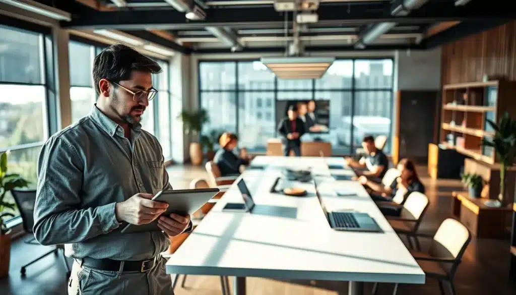 A serene, elegant workspace featuring an innovative startup environment. In the foreground, a determined man in smart casual attire, attentively engaged in a conversation while holding a digital tablet, symbolizes the fusion of tradition and modernity. The middle ground showcases a sleek conference table surrounded by collaborative team members, deep in discussion, with laptops and creative tools scattered about. In the background, large windows allow natural light to illuminate the space, casting warm shadows on minimalist decor that balances modern design with rustic wooden accents, echoing a return to roots. The atmosphere is inspiring and dynamic, reflecting the essence of innovation driven by strong foundational values. The image is captured with a soft focus, highlighting the seriousness of creativity in a professional yet relaxed editorial style. A serene, elegant workspace featuring an innovative startup environment. In the foreground, a determined man in smart casual attire, attentively engaged in a conversation while holding a digital tablet, symbolizes the fusion of tradition and modernity. The middle ground showcases a sleek conference table surrounded by collaborative team members, deep in discussion, with laptops and creative tools scattered about. In the background, large windows allow natural light to illuminate the space, casting warm shadows on minimalist decor that balances modern design with rustic wooden accents, echoing a return to roots. The atmosphere is inspiring and dynamic, reflecting the essence of innovation driven by strong foundational values. The image is captured with a soft focus, highlighting the seriousness of creativity in a professional yet relaxed editorial style.