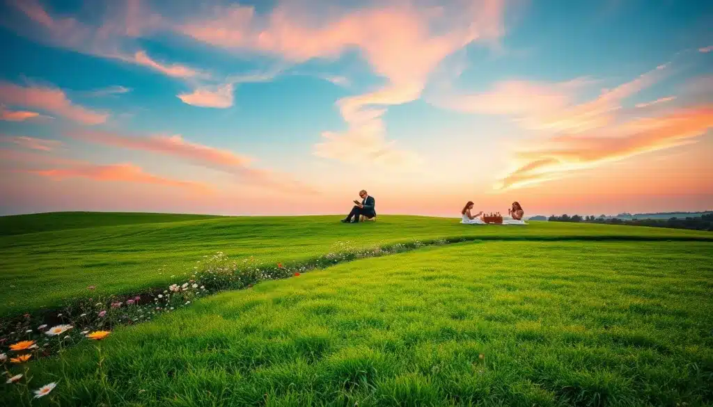 A serene landscape capturing the essence of "tempo libero striscia di terra." In the foreground, a well-manicured strip of green land bordered by wildflowers, inviting relaxation and reflection. In the middle ground, a small group of elegantly dressed men and women engage in leisure activities, such as reading and enjoying a picnic, exuding a sense of calm determination. The background features a tranquil sky at sunset, with soft pink and orange hues casting warm natural light over the scene, enhancing the overall peaceful atmosphere. The image should convey a feeling of harmony and balance between work and personal well-being, highlighting the importance of leisure in contemporary life. A serene landscape capturing the essence of "tempo libero striscia di terra." In the foreground, a well-manicured strip of green land bordered by wildflowers, inviting relaxation and reflection. In the middle ground, a small group of elegantly dressed men and women engage in leisure activities, such as reading and enjoying a picnic, exuding a sense of calm determination. The background features a tranquil sky at sunset, with soft pink and orange hues casting warm natural light over the scene, enhancing the overall peaceful atmosphere. The image should convey a feeling of harmony and balance between work and personal well-being, highlighting the importance of leisure in contemporary life.