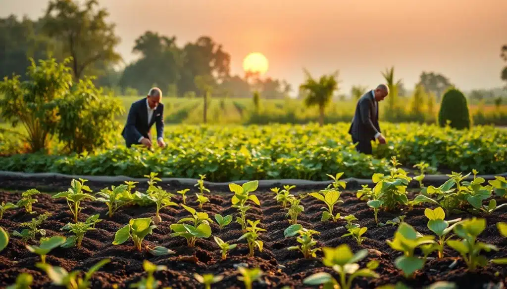 A serene landscape symbolizing "inner growth," featuring a lush, green garden in the foreground where elegant, determined men in professional business attire are planting seeds with care. The middle ground showcases an array of diverse plants, representing various personal questions and micro-practices that nurture growth, with a soft-focus effect enhancing the scene. In the background, a gentle sunrise casts warm, natural light over the entire setting, creating an atmosphere of hope and tranquility. The composition is framed in a way that captures both the intimate act of planting and the expansive beauty of nature, reflecting the silent journey of personal development. The mood is inspiring and reflective, inviting viewers to engage with the concept of inner growth. A serene landscape symbolizing "inner growth," featuring a lush, green garden in the foreground where elegant, determined men in professional business attire are planting seeds with care. The middle ground showcases an array of diverse plants, representing various personal questions and micro-practices that nurture growth, with a soft-focus effect enhancing the scene. In the background, a gentle sunrise casts warm, natural light over the entire setting, creating an atmosphere of hope and tranquility. The composition is framed in a way that captures both the intimate act of planting and the expansive beauty of nature, reflecting the silent journey of personal development. The mood is inspiring and reflective, inviting viewers to engage with the concept of inner growth.