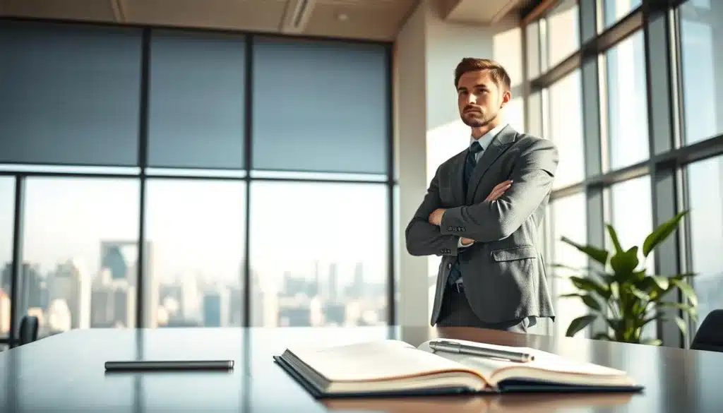 A serene office setting bathed in natural light, featuring an elegant, determined man in professional business attire, standing confidently with a thoughtful expression. In the foreground, a large window reveals a bright cityscape, symbolizing growth and opportunity. The middle ground showcases a sleek desk with an open notebook and a pen, signifying contemplation and planning. In the background, a lush green plant represents personal growth and vitality. The overall atmosphere is one of motivation and ambition, evoking the essence of a growth mindset. The image captures the balance between professionalism and inspiration, highlighting the journey toward a winning mentality in a refined, premium editorial style.