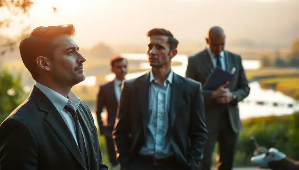 A serene scene illustrating "inner growth," featuring a group of elegant and determined men in professional business attire. In the foreground, one man stands thoughtfully, gazing into the distance as if contemplating his journey. In the middle ground, two men engage in a deep conversation, symbolizing connection and shared experiences. The background reveals a tranquil natural landscape, with soft greenery and a calm river reflecting the warm golden light of the setting sun. The lighting casts a gentle glow, creating an atmosphere of introspection and hope. The composition should evoke a sense of peace and the power of self-awareness, using a shallow depth of field to emphasize the subjects against the soft-focus backdrop. A serene scene illustrating "inner growth," featuring a group of elegant and determined men in professional business attire. In the foreground, one man stands thoughtfully, gazing into the distance as if contemplating his journey. In the middle ground, two men engage in a deep conversation, symbolizing connection and shared experiences. The background reveals a tranquil natural landscape, with soft greenery and a calm river reflecting the warm golden light of the setting sun. The lighting casts a gentle glow, creating an atmosphere of introspection and hope. The composition should evoke a sense of peace and the power of self-awareness, using a shallow depth of field to emphasize the subjects against the soft-focus backdrop.