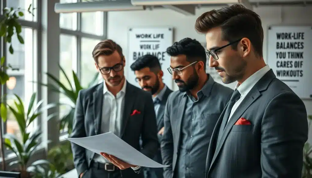 A serene workspace showcasing a diverse group of elegant and determined men engaged in collaborative discussions about sustainable career choices. In the foreground, a well-dressed man in a business suit analyzes a document with a focused expression, while two colleagues, dressed in smart casual attire, thoughtfully share ideas. In the middle ground, a modern office environment is filled with greenery and natural light filtering through large windows, creating a vibrant yet calming atmosphere. In the background, motivational posters about work-life balance and productivity adorn the walls. The overall mood is one of positivity, inspiration, and professional growth, captured in a premium editorial style with soft, diffused lighting to emphasize the ambiance of productivity without burnout.