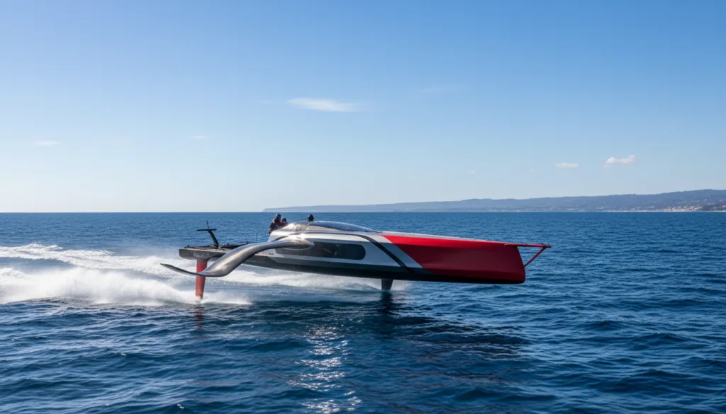 A sleek AC75 America’s Cup yacht, reminiscent of Luna Rossa Prada Pirelli's design, racing at high speed across the open sea. In the foreground, showcase the yacht's futuristic hull, elegantly cutting through the waves, with its foils extended, creating a dramatic spray of water. The middle ground should feature a vibrant, blue ocean under a clear sky, capturing the essence of competitive sailing. In the background, hint at a blurred coastline to emphasize the yacht's speed and agility. Use dynamic lighting to reflect the sunlight glinting off the water and the yacht's carbon fiber structure, creating an exhilarating and innovative atmosphere. Capture the scene from a low-angle perspective, emphasizing the yacht's dominance and the technical artistry of its design. The overall mood is one of excitement and cutting-edge technology.